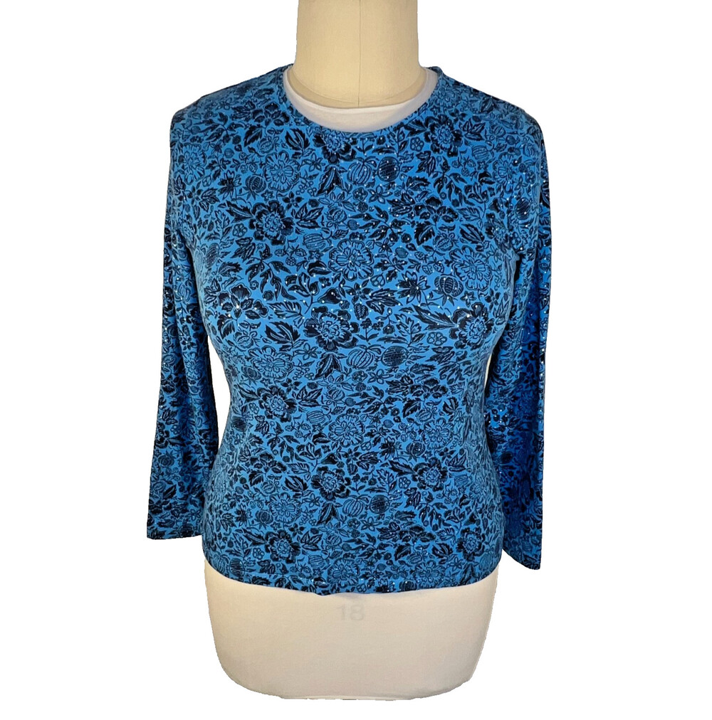 Talbots - Women's L Long Sleeve Tee Shirt Crew Neck Blue Vintage Floral Silver
